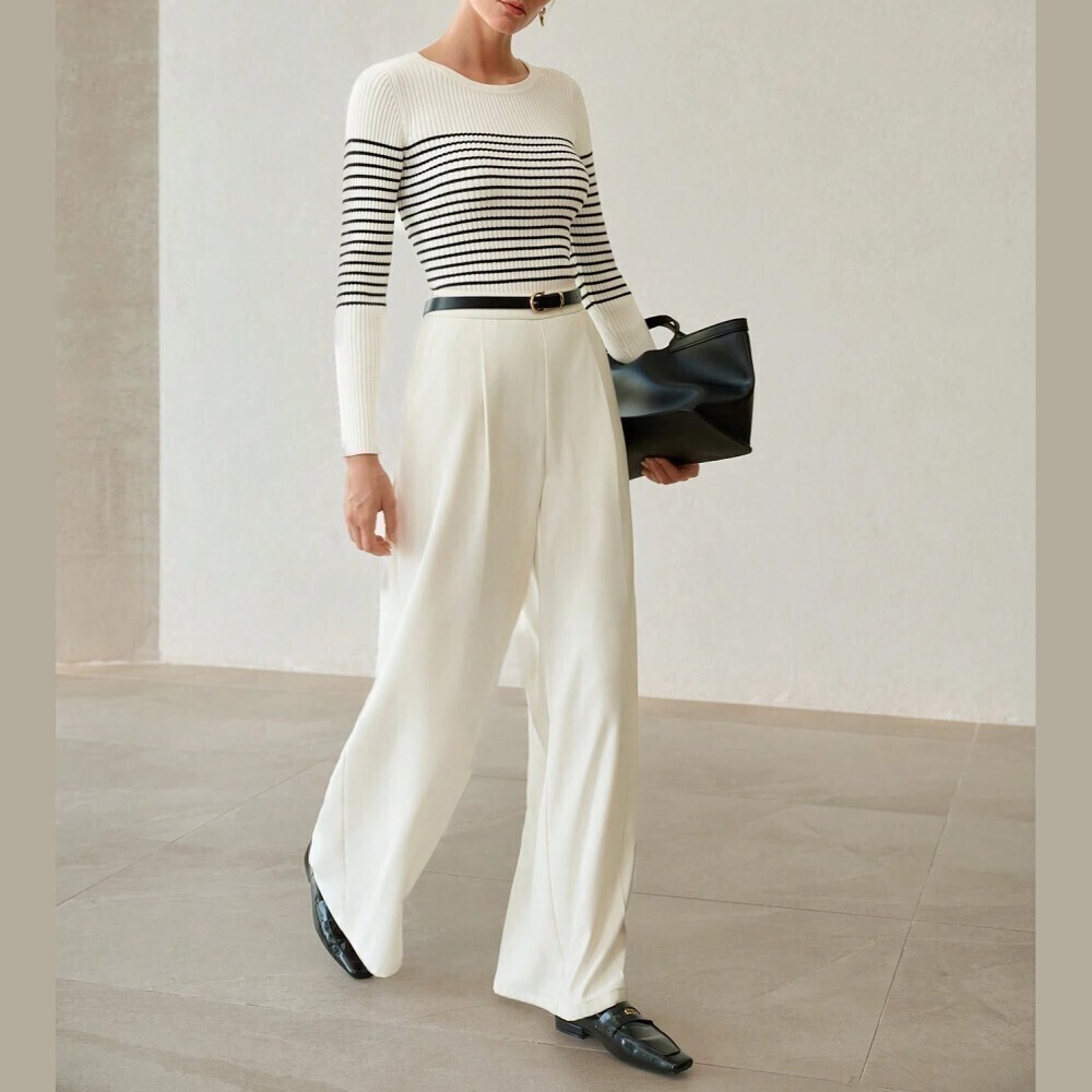 Cream Ribbed Knit Black Striped Crew Neck Sweater - Picture 5 of 8